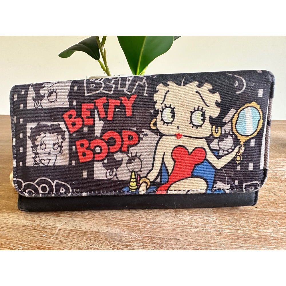 Betty Boop Trifold Wallet Black Canvas Faux Leather Graphic Print Card Holder